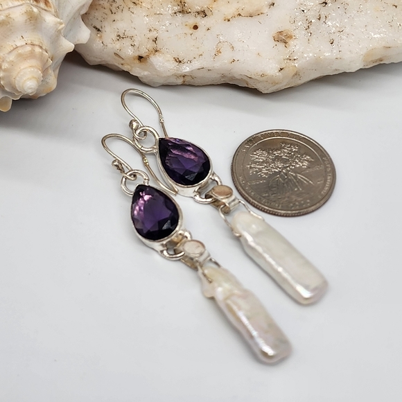 Natural Amethyst Natural Irregular Pearls Stones Silver 925 Earrings - Picture 7 of 10